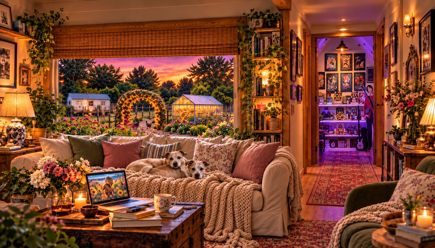 Warm illustrated living room with two dogs, garden views and a cozy hallway